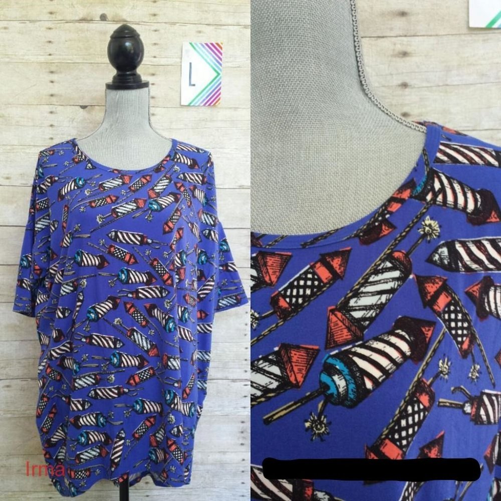 LuLaRoe Irma Shirt/Tunic Large – Red, White, Blue, Black & Yellow Firecrackers
